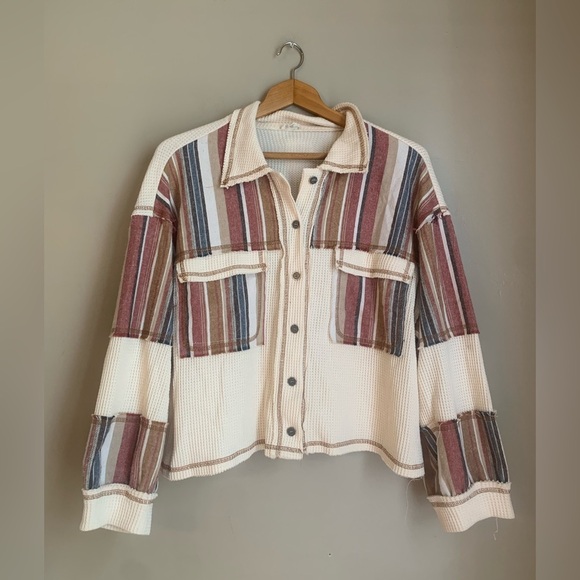 POL patchwork waffle knit button shirt top shacket cropped boho - Picture 1 of 7